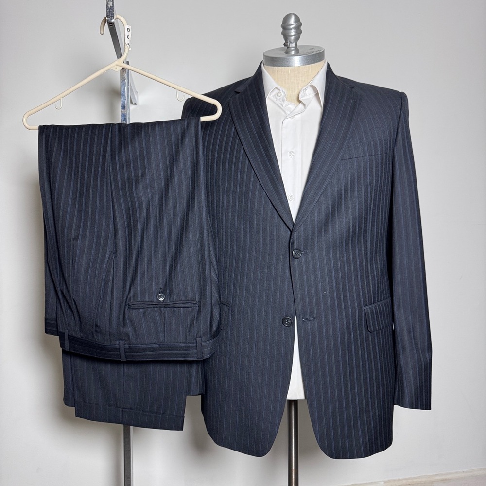Hart Schaffner Marx Gold 44L 34W‎ Mens Navy Pinstripe Suit Made in USA Wool